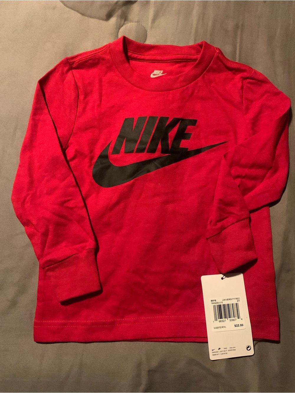 Nike Red Long-Sleeve Logo Tee with Black Swoosh